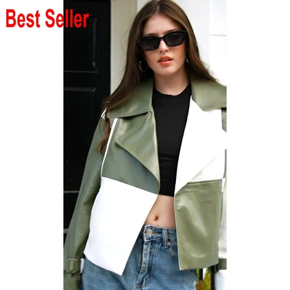Oversized Cropped Leather Jacket with Color Block Design, Side Pockets - Picture 7 of 7